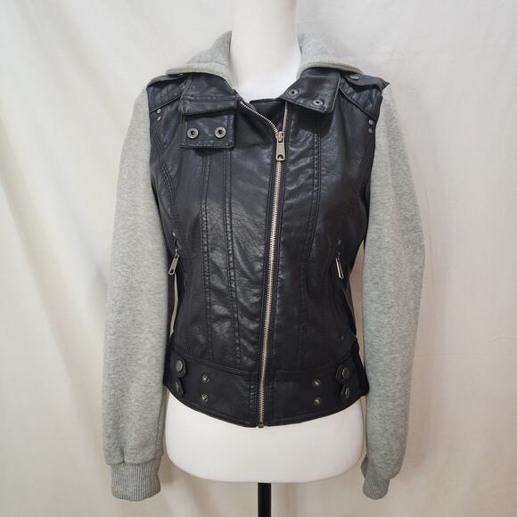 Last Kiss Faux Leather Sweatshirt Hoodie Moto Jacket, Medium - Picture 1 of 9